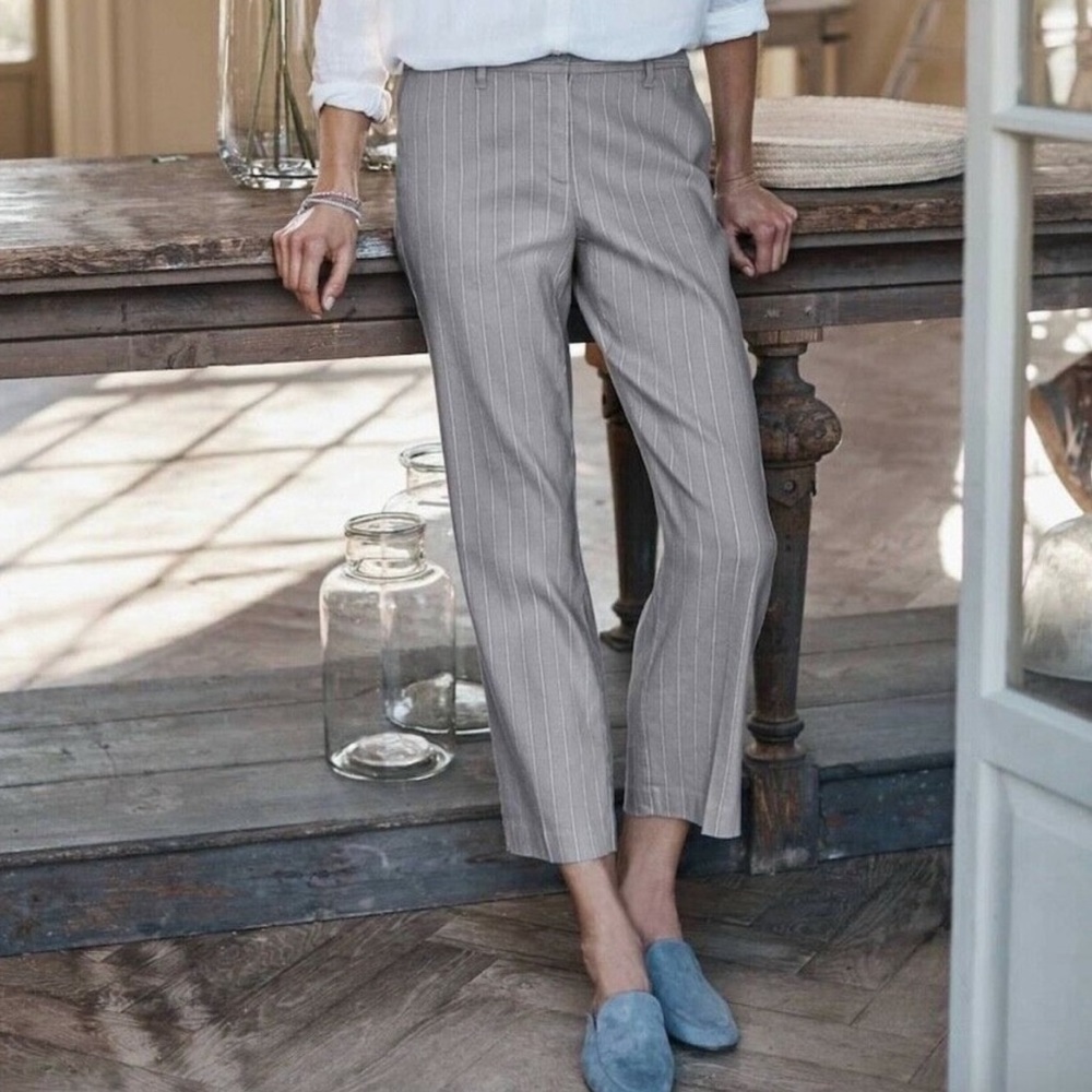NWT- J. JILL Linen Stretch Grey Stripe Straight Leg Crop Pants